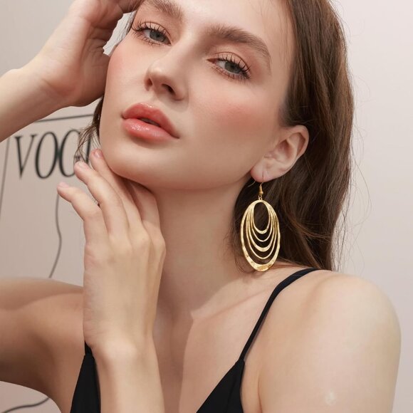 Big Gold Hollow Out Boho Geometric Hook Statement Gold Oval 2 Dangle Earrings - Picture 3 of 4